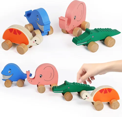 Miniatura 2 de TOWO - Autos de madera para niños pequeños – Animales sobre ruedas – Vehículos sensoriales de agarre motriz juguete – Camiones de empuje y marcha