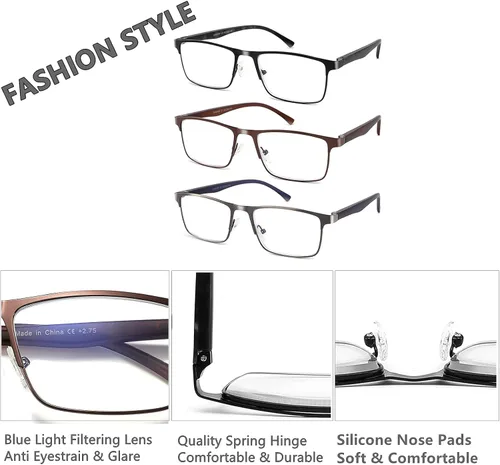 Miniatura 6 de Paquete de 3 lentes de lectura para hombre, filtro de luz azul, marco completo, lectores de metal, antiUV, fatiga ocular/deslumbramiento