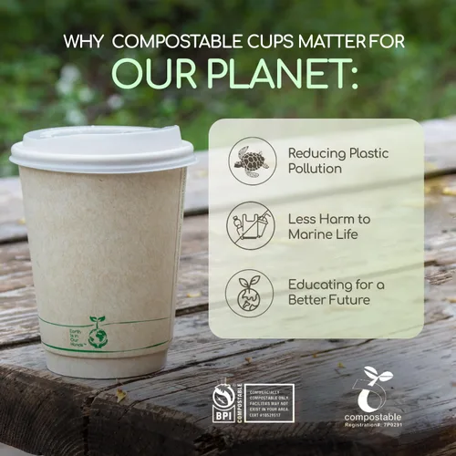 Miniatura 6 de Living Balance - Tazas de café compostables certificadas con tapas, 12 onzas, paquete de 100 con agitadores y mangas integradas, resistentes