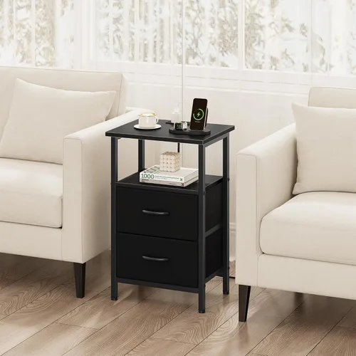 Miniatura 7 de Vagusicc Nightstand with Charging Station, End Table Bedside Table with 2 Fabric Drawers, Black Night Stand with USB Ports & Outlets, 24.2" Tall Bed