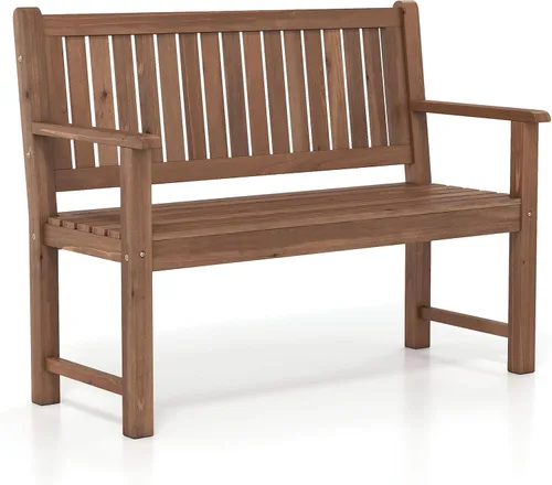 Tangkula Banco de madera para exteriores de 2 plazas, banco de sofá biplaza de jardín con respaldo, reposabrazos, asiento de listones, carga de