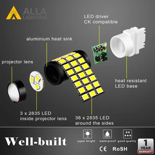 Miniatura 3 de Alla Lighting T25 3157 3156 Freno estroboscópico LED, bombillas de marcha atrás de respaldo, 6000K xenón blanco súper brillante 2835 39-SMD alta