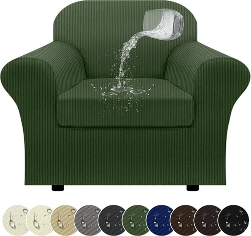 Miniatura 24 de Funda impermeable para silla con brazos, juego de 2 piezas, funda a rayas para 1 sofá separado con cojín en T, fundas de sillón de tela