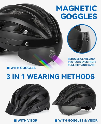Miniatura 2 de Adult Bike Helmet with Visor and Goggles for Men Women Mountain Road Bicycle Helmet Rechargeable Rear Light Cycling Helmet