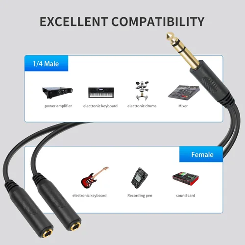 Miniatura 4 de 0.250 in 1/4 pulgadas macho estéreo a 2 conectores hembra TRS doble 1/4 "cable de altavoz de audio, cable adaptador divisor en Y