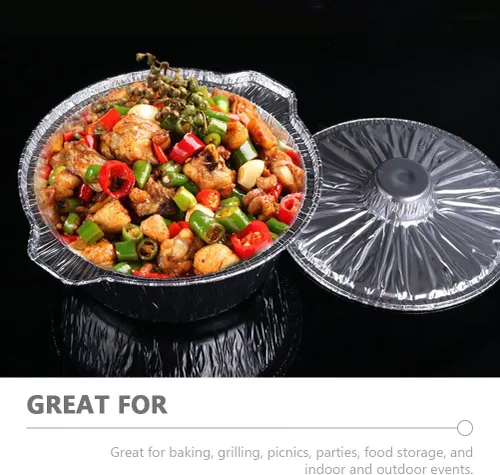 Miniatura 5 de ABOOFAN Sartén redonda de aluminio con tapas Ollas de papel de aluminio de 13 pulgadas Contenedor de alimentos desechable para microondas Contenedor