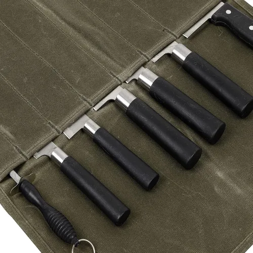 Miniatura 4 de Rollo de cuchillo, bolsa de rollo de cuchillo de chef, estuche de lona encerada para cuchillos con 7 ranuras, envoltura portátil para cuchillos