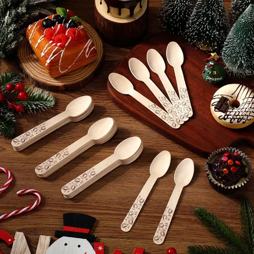 Miniatura 7 de Hoolerry 100 piezas cucharas de madera desechables de Navidad 14 cm Barra de degustación de invierno con sabor a barra de caramelo de chocolate