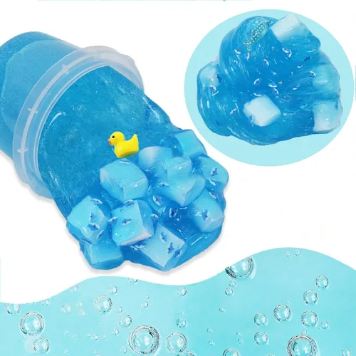 Miniatura 6 de Azeperoy Slime de gelatina azul cielo premezclado con destellos y textura crujiente, incluye 4 juegos de complementos, estimulación sensorial y Azul
