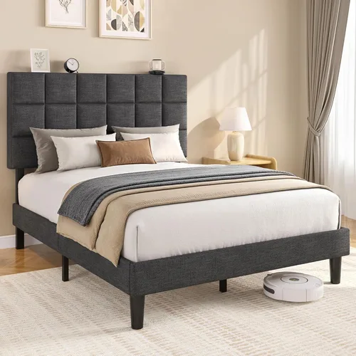 Miniatura 7 de Fluest Base de cama de plataforma completa con cabecero alto tapizado de lino, no necesita somier, esponja EVA antirruido, fácil montaje, envío