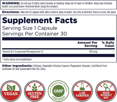 Miniatura 2 de KAL Suplemento liposomal de vitamina K2 con MK7 de 100 mcg - Alta absorción, tecnología liposomal - Soporte óseo avanzado, vegano, sin gluten, hecho