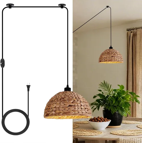 Miniatura 12 de HuisMier Lámpara Colgante de Ratán con Enchufe, Luz Colgante de 15 Pies con Pantalla de Cesta Tejida de Mimbre, Lámpara Colgante Bohemia Regulable