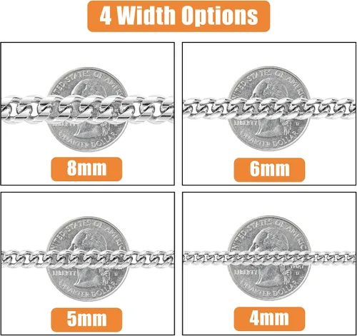Miniatura 6 de Fiusem Cadena de eslabones cubanos en tono plateado para hombres, collares de cadena de acero inoxidable para hombres y mujeres, ancho 4560.315 in