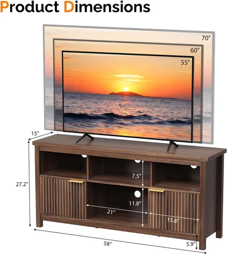 Miniatura 3 de VINGLI Soporte de TV acanalado de 58 pulgadas para televisores de hasta 70 pulgadas, moderno soporte de TV con almacenamiento y estantes ajustables