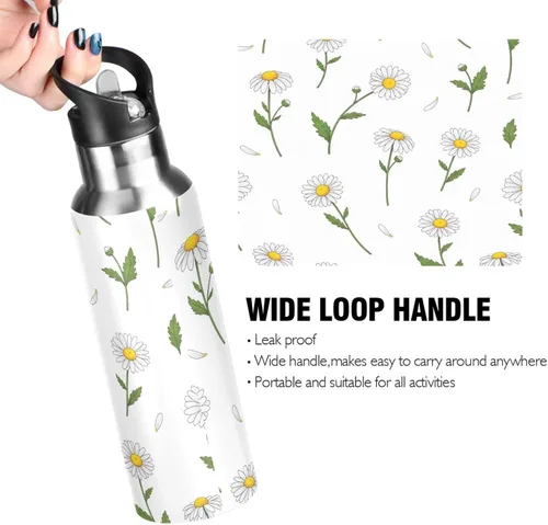 Miniatura 4 de White Daisies Flowers Stainless Steel Vacuum Insulated Water Bottle 20 Oz Leakproof Water Bottles, BPA-Free Sports Water Bottle with Straw