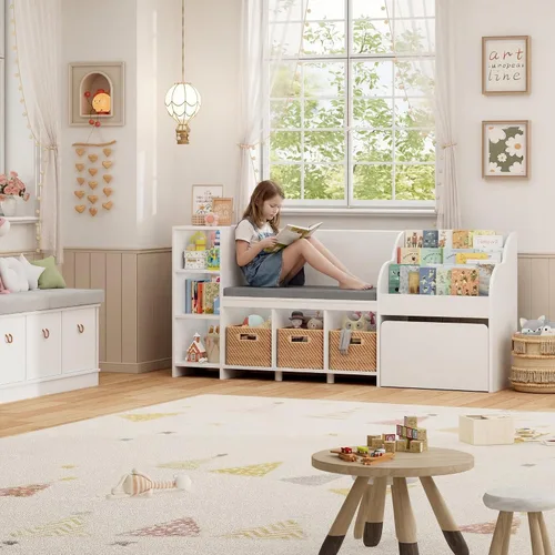 Miniatura 9 de HOSTACK Rincón de lectura para niños de 67 pulgadas de ancho con organizador de almacenamiento de juguetes, estantería grande para niños con caja