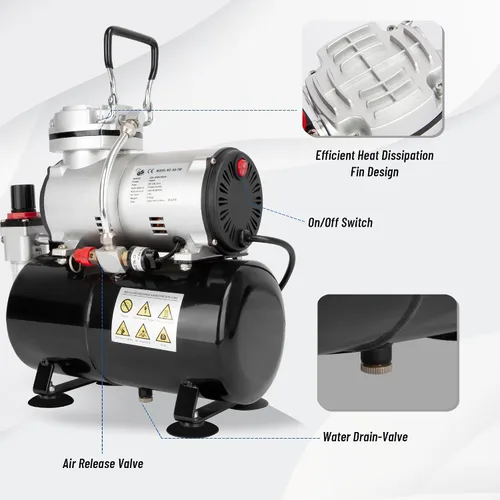 Miniatura 5 de Timbertech Compresor de aerógrafo, mini compresor AS186 sin aceite de un solo pistón de alto rendimiento con tanque de 3L, regulador, trampa