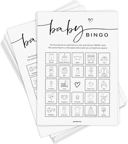 GardenCity Juego de bingo para baby shower, 50 tarjetas prellenadas únicas, juegos de baby shower para niño o niña, minimalista