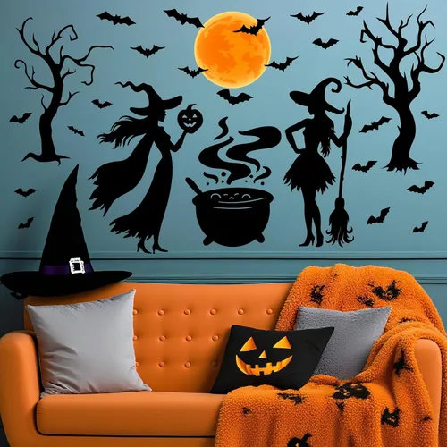 Miniatura 3 de Calcomanías de Halloween para ventana, calcomanías de brujas negras, calcomanías de pared de Halloween, murciélagos de árbol negro, murales de arte