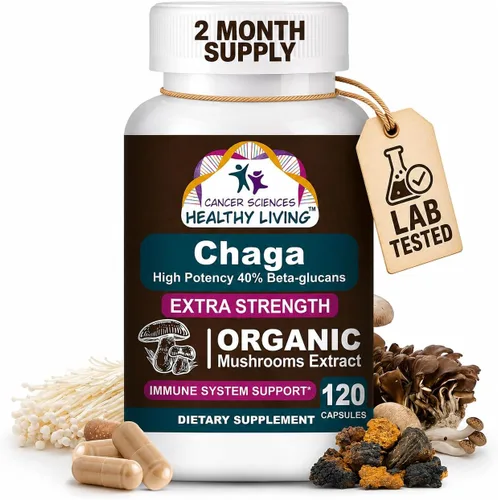 Suplemento de Hongos Chaga Wellness de Cancer Sciences, Extracto de Hongo Certificado Orgánico USDA, Fuerza Extra 1,500 mg, Alta Potencia 40%