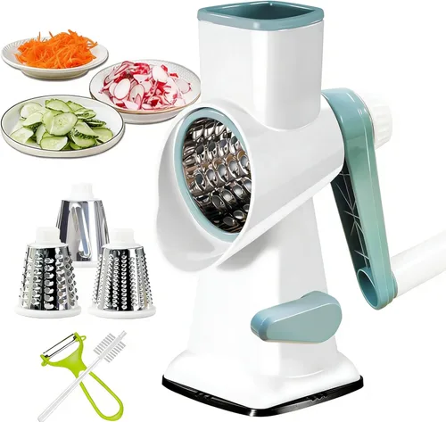 Miniatura 7 de Dachenus Rallador de queso, rotativo, triturador de queso versátil, cuchillas para triturar, rallar, rebanar, triturador de queso con base de Gris