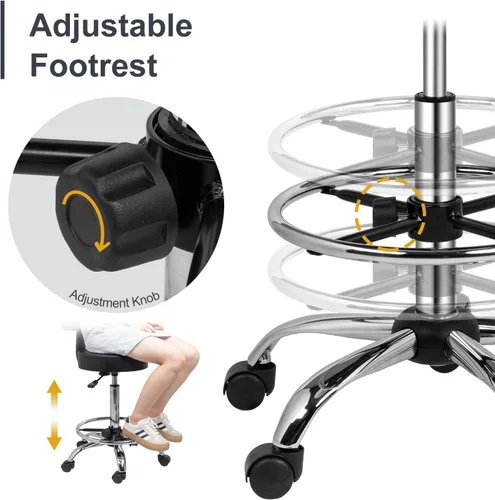 Miniatura 8 de OmySalon Silla de dibujo, silla ergonómica de escritorio de oficina con soporte para espalda, taburete alto ajustable con reposapiés y cojín de Negro