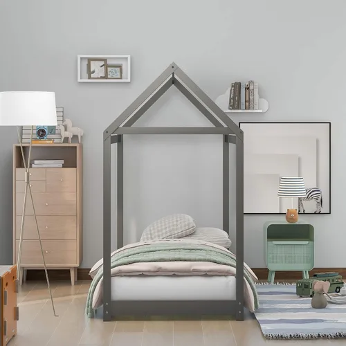 Miniatura 3 de Harper & Bright Designs Base de cama Montessori de tamaño individual, cama de piso de madera con techo para niños y niñas, no necesita somier, gris
