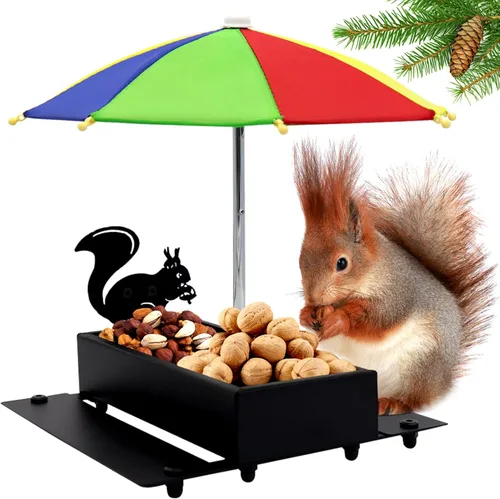 Comedero de ardillas con paraguas de metal para ardillas para exteriores, divertido con mazorcas de maíz, alimentador de mesa de picnic de ardilla