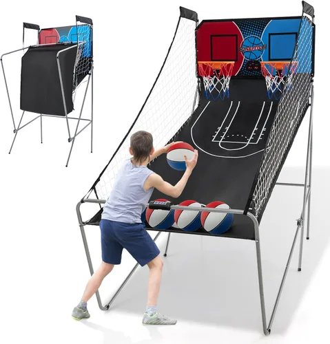 Miniatura 9 de Giantex Juego de arcade de baloncesto electrónico de doble disparo con 8 modos de juego, 4 pelotas, 2 canastas, bomba de aire, marcador LCD