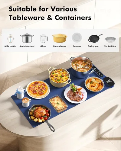 Miniatura 4 de Tapete de calentamiento de alimentos con cargador inalámbrico, calentador de alimentos extra grande de 34 x 15 pulgadas, tapete de calentamiento
