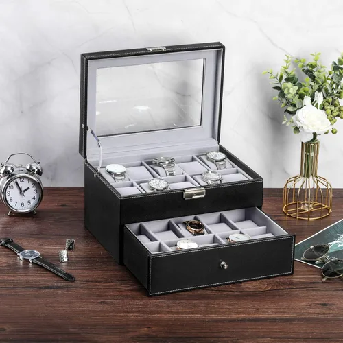 Miniatura 2 de BASTUO Caja de reloj para hombres 20 relojes organizador con funda de almacenamiento de reloj de piel sintética, organizador de colección de joyas