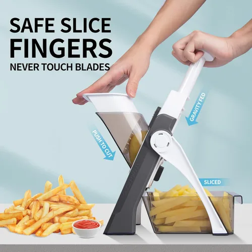 Miniatura 2 de QYKIC - Cortador de mandolina seguro, cortador de papas y verduras para la cocina, cortador de verduras vertical ajustable para preparación rápida