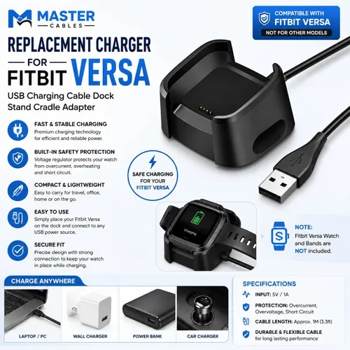 Miniatura 2 de Master Cables Cargador de repuesto para reloj inteligente Fitbit Versa, cable de carga USB, adaptador de base con carga rápida y protección