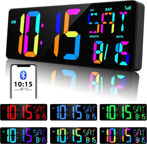 Miniatura 8 de XREXS Reloj de pared digital grande de 17.2 pulgadas, sincronización Bluetooth, relojes atómicos precisos con control remoto, reloj de abuelo