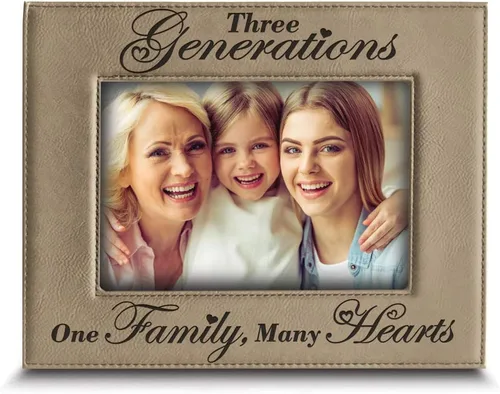BELLA BUSTA - Tres generaciones - Marco de fotos de cuero grabado con texto en inglés «One Family Many Hearts» para el Día de la Madre, Mamá y Papá