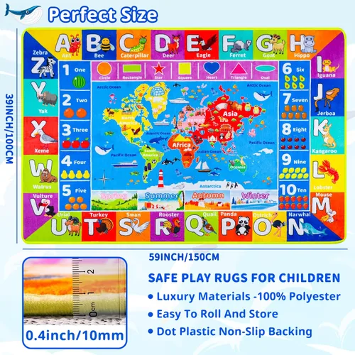 Miniatura 6 de Alfombra Infantil con Mapa Mundial ABC para Sala de Juegos Geografía 59"×39.4" Alfombra de Juego para Aula Alfombra Educativa para Bebé Alfombra