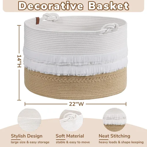 Miniatura 4 de CherryNow Cesta grande de mimbre para lavandería, entrada, dormitorio, cestas decorativas de yute para ropa, juguetes, cesta de toalla para baño, 22