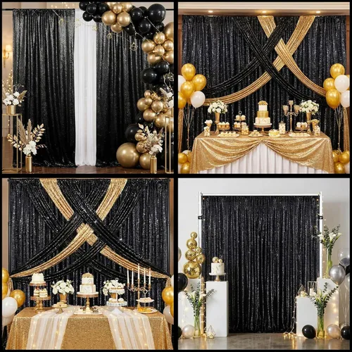Miniatura 3 de Cortinas con lentejuelas doradas, 2 unidades de 2 x 8 pies, con brillantina, telón de fondo para bodas Negro