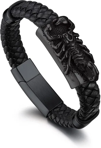 Bandmax Pulsera trenzada de cuero negro para hombre con colgante gótico punk, pulsera de cuero con hebilla de acero inoxidable, paquete de regalo,