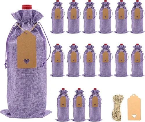 Miniatura 10 de DIWNELEM Paquete de 16 bolsas de regalo de yute de arpillera con cordón, perfectas para degustación de vinos, bodas, fiestas y viajes