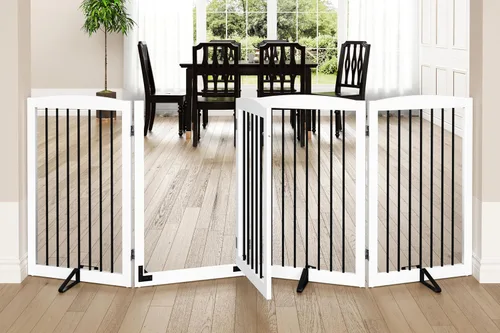 Miniatura 19 de PUPETPO Puertas independientes para mascotas con puerta de paso, valla interior para perros, puerta para perros para la casa, puerta, escaleras, Gris