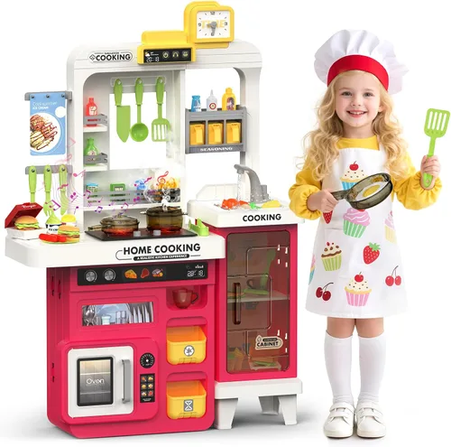 Miniatura 7 de Juego de cocina para niños, 68 piezas, juego de cocina para niños pequeños de 1-3, 3-5, cocina de juego de 32.2 pulgadas con pulverización, luz