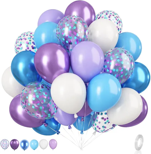 Juego de globos azules y morados, 50 unidades de globos azules de 12 pulgadas de sirena, globos metálicos morados y blancos de látex, globos de