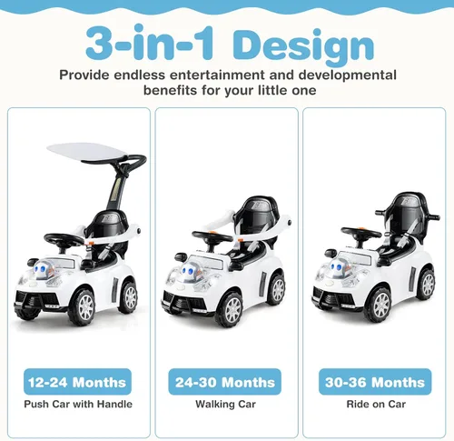 Miniatura 2 de Costzon Coche de empuje para niños pequeños, cochecito 3 en 1, auto deslizante para caminar con asa, toldo, cinturón de seguridad, bocina, música