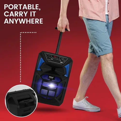 Miniatura 6 de Pyle Altavoz PA Bluetooth y sistema de micrófono, altavoz de karaoke portátil con micrófono con cable, luces LED de fiesta integradas, radio FM