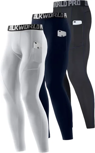 Miniatura 23 de SILKWORLD Paquete de 1 a 3 pantalones de compresión para hombre, con bolsillos, leggings de gimnasio y secado fresco