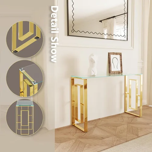 Miniatura 4 de Mesa consola de cristal, moderna mesa de entrada de 47.2 pulgadas, parte superior de vidrio con base de acero inoxidable, mesa de sofá estrecha