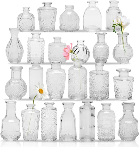 Juego de 24 jarrones de cristal transparente, pequeño florero de arreglo floral, diseño de cristal vintage, boda, decoración de fiesta, arreglo