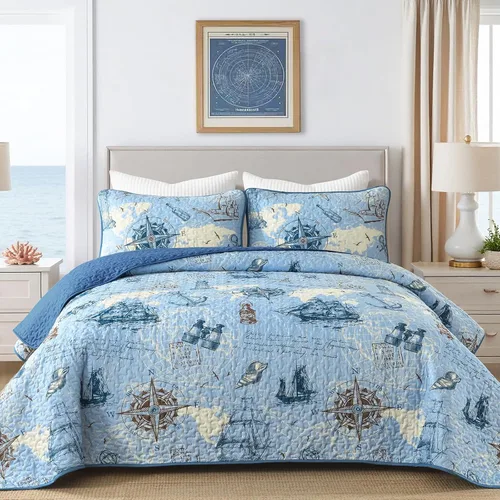 Miniatura 14 de DJY Beach Quilt Set Queen Size,3 Piece Coastal Ocean Summer Bedspread Coverlet Set with 2 Pillow Cases Lightweight Soft Microfiber Nautical Bedding