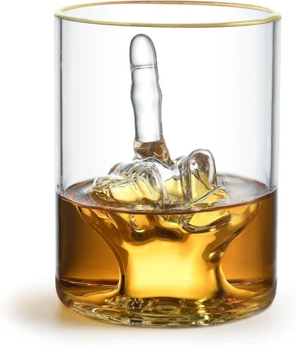 Vaso de whisky divertido con dedo medio – Vaso gracioso Premium Up Yours para whisky, licor – Borde dorado lujoso – Accesorios para barra de casa